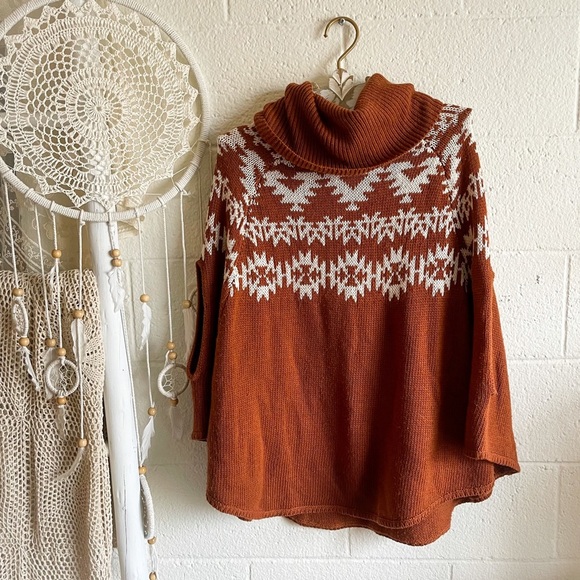 Forever 21 Boho Turtleneck Papaya Orange Poncho Sweater - Picture 4 of 7